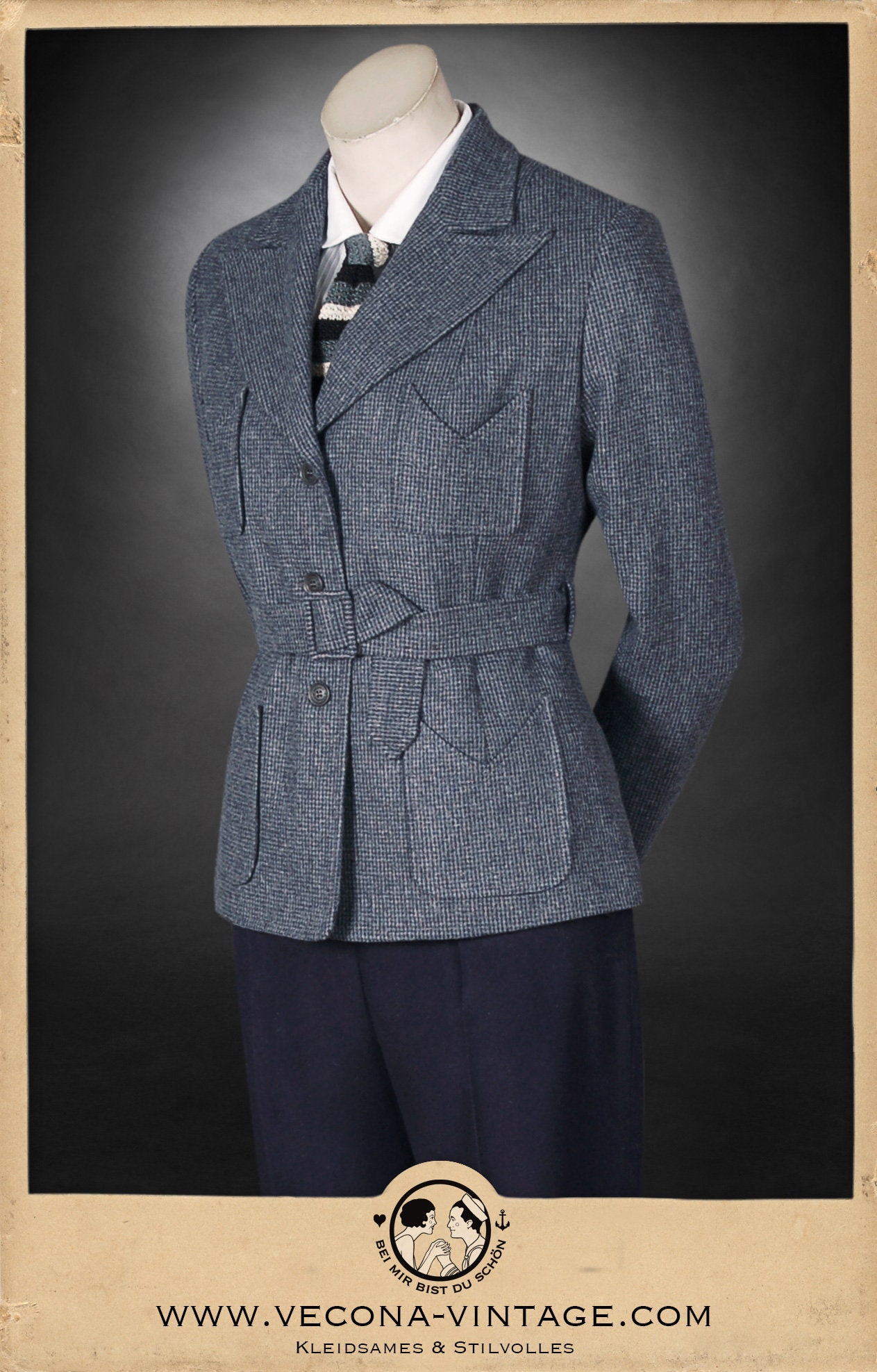 40s 30s 20s Blue/grey Houndstooth Tweed Ladies Belted Sports 40s 30s 20s Blue/grey Houndstooth Tweed Ladies Belted Sports