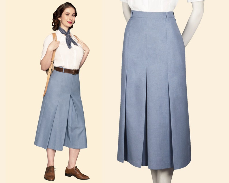 May include: A light blue pleated skirt with a high waist and a knee-length hem.