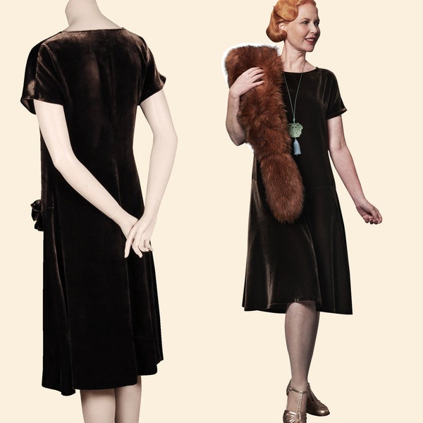 Robe de fille à clapet charleston des années 20, marron, balançoire en velours de soie lindy hop années 1920