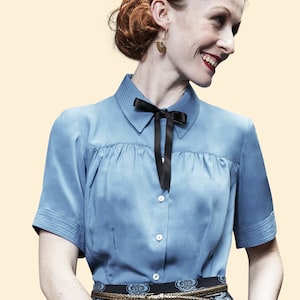30s 40s blouse GRETA dove blue viscose bow tie 1930 1940