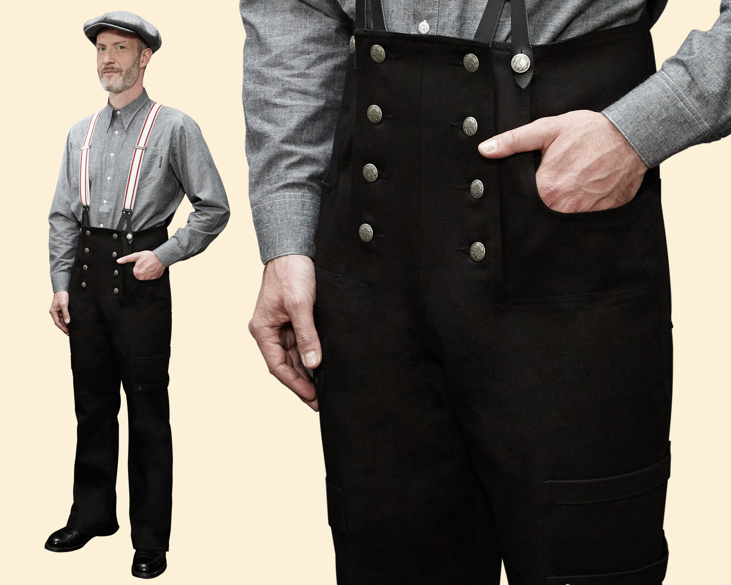 30s 40s WORK TROUSERS black cotton canvas swing lindy hop pants 1930 1940