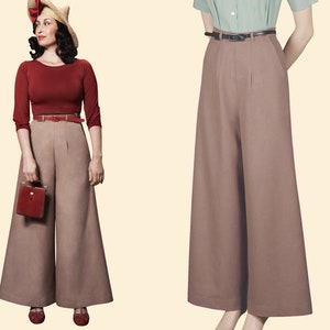 Calças femininas de linho MARLENE, anos 30 e 40, caramelo, marrom claro, amêndoa Garconne, 1930 e 1940