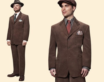 May include: Two men wearing brown corduroy suits with a pocket square. One man is wearing a brown fedora hat and the other is wearing a brown newsboy cap.