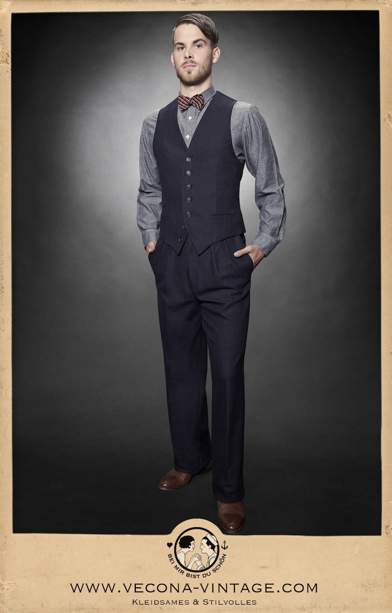 1940s Men’s Outfit Inspiration | Costume Ideas 30s 40s TROUSERS navy blue cotton linen blend swing lindy hop pants 1930 1940  AT vintagedancer.com