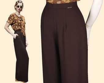 Pantalon de pyjama années 30 marron chocolat foncé en crêpe des années 30, jambe large, taille haute