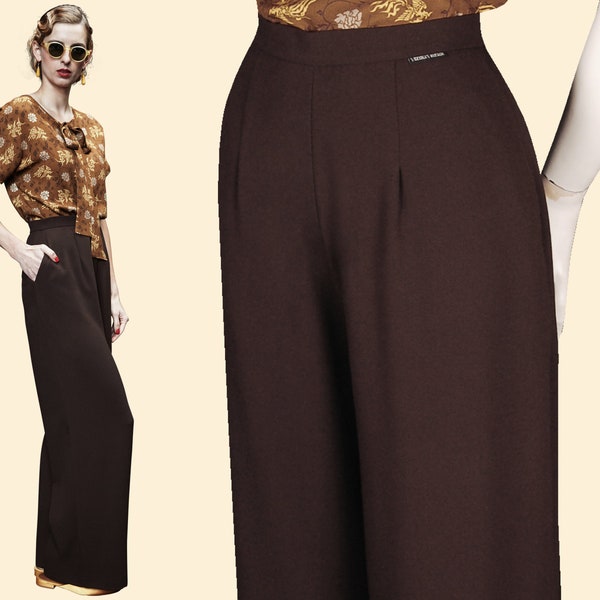 Pantalon de pyjama années 30 marron chocolat foncé en crêpe des années 30, jambe large, taille haute