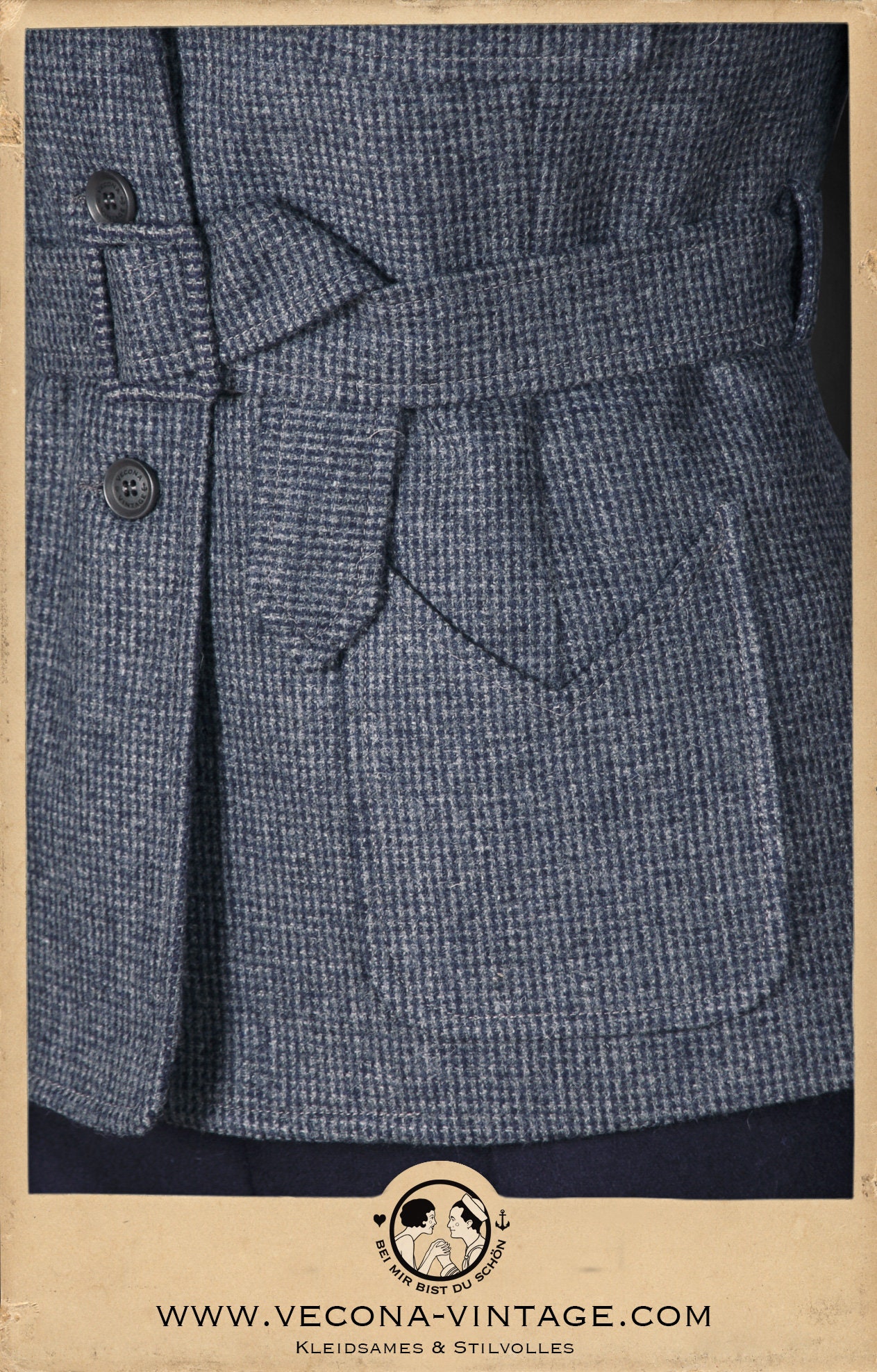 40s 30s 20s Blue/grey Houndstooth Tweed Ladies Belted Sports