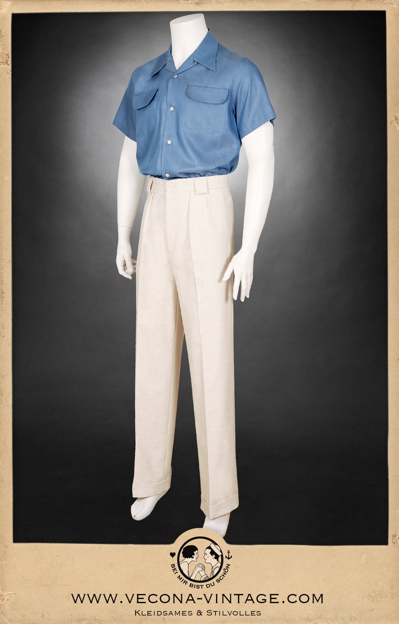 1940s Men’s Clothing & Fashion History     1940s Loop Collar Shirt short sleeve blue 100% Tencel  AT vintagedancer.com