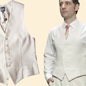 May include: A light beige linen vest with six buttons and two pockets. The vest is made of a lightweight fabric and has a classic design.