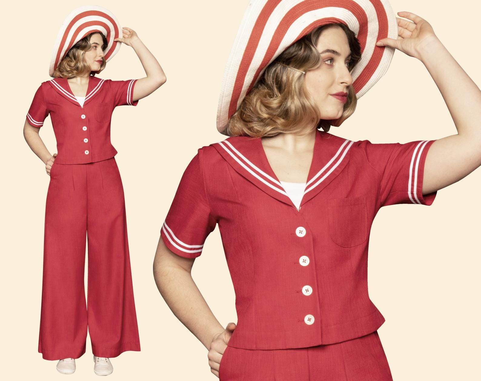 40s 30s 20s Red Linen Ladies Sailor Top 1940 1930 1920 - Etsy