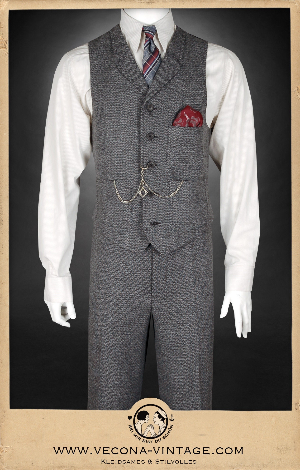 20s 30s Chevron Tweed WAISTCOAT Lapels Grey Wool Blend Swing Vest 