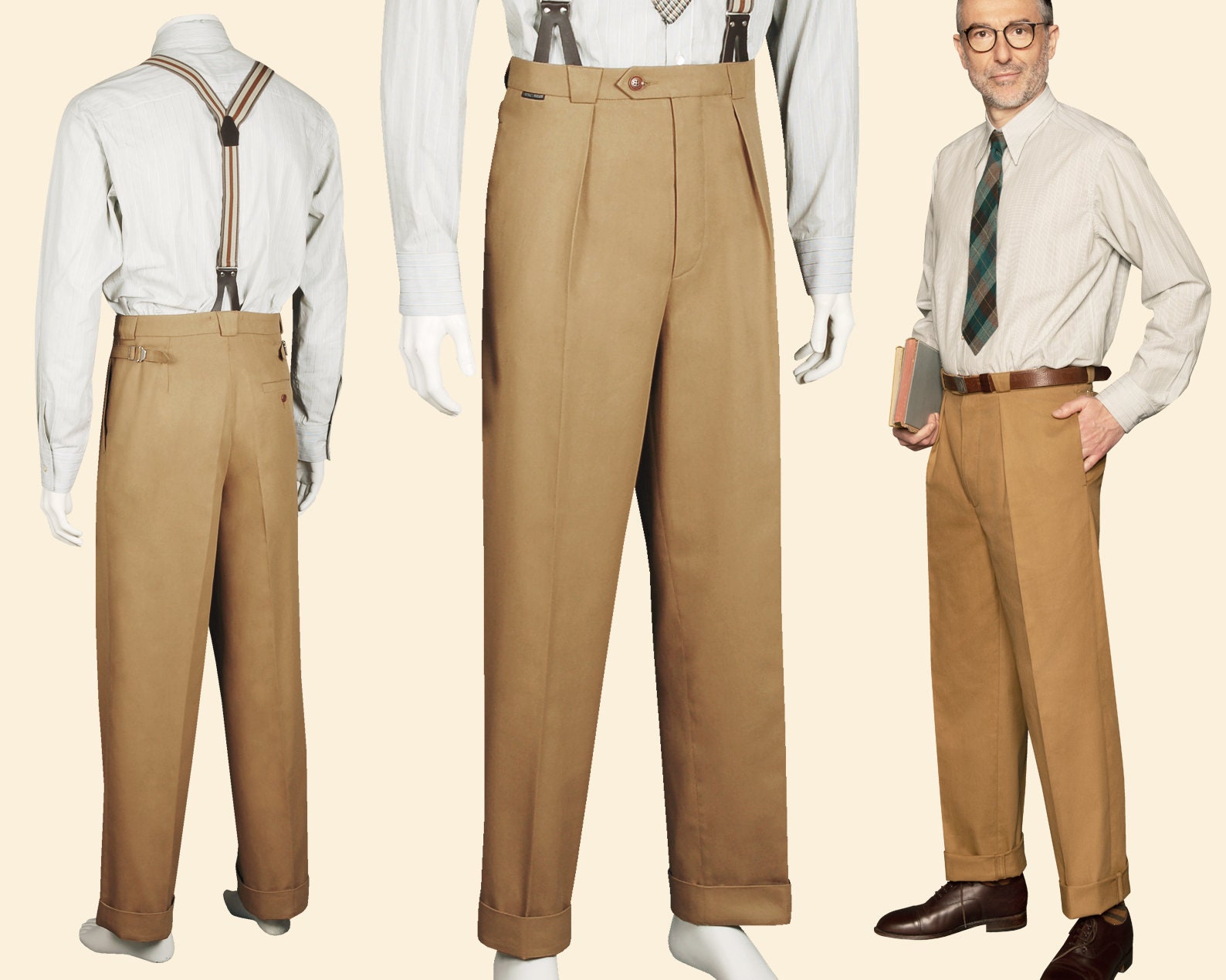 30s 40s Chino Trousers Cotton Tan Swing Lindy Hop Pants 1930