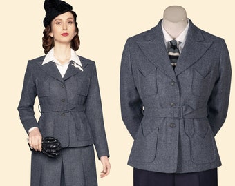 40s 30s 20s Blue/grey Houndstooth Tweed Ladies Belted Sports 40s 30s 20s Blue/grey Houndstooth Tweed Ladies Belted Sports