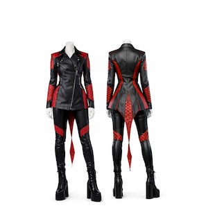 May include: A black and red leather outfit, consisting of a jacket and pants, displayed on a mannequin. The jacket features a diagonal zipper and red quilted accents on the shoulders and sides. The pants have red diamond-shaped details.