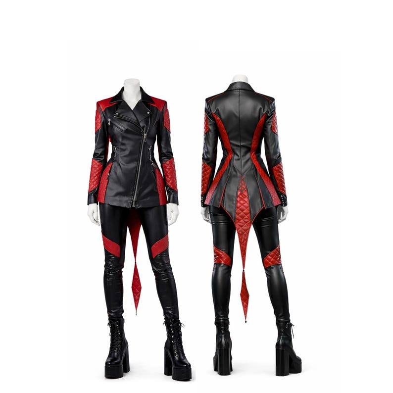 May include: A black and red leather outfit, consisting of a jacket and pants, displayed on a mannequin. The jacket features a diagonal zipper and red quilted accents on the shoulders and sides. The pants have red diamond-shaped details.