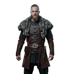 May include: A brown leather tunic with multiple buckles and a fur collar. The tunic has a belt with a silver buckle and a small pouch. The sleeves are dark brown, and a knife is attached to the side. The person is wearing a chainmail shirt.