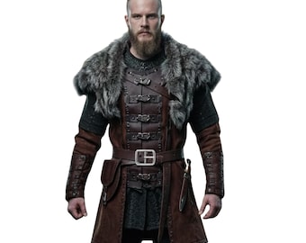 Handcrafted Viking Costume: Brown Suede Tunic, Fur Cloak, Leather Bracers - Renaissance Fair Costume