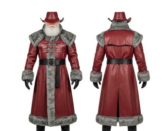 May include: A red leather coat with a matching cowboy hat and a faux fur collar and cuffs. The coat has a black belt and buckle closure. The front and back of the coat are shown.