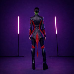 May include: A black and red leather outfit with a quilted design. The jacket and pants feature red accents and a unique tail-like detail. The person is wearing black platform boots. The background is a dark purple with two vertical neon lights.