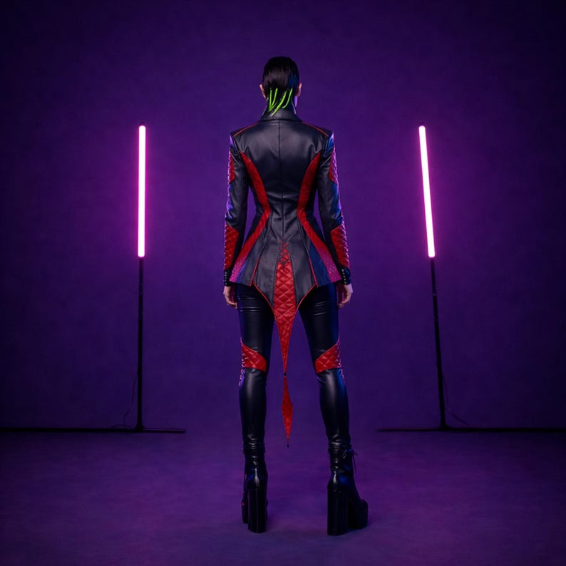 May include: A black and red leather outfit with a quilted design. The jacket and pants feature red accents and a unique tail-like detail. The person is wearing black platform boots. The background is a dark purple with two vertical neon lights.