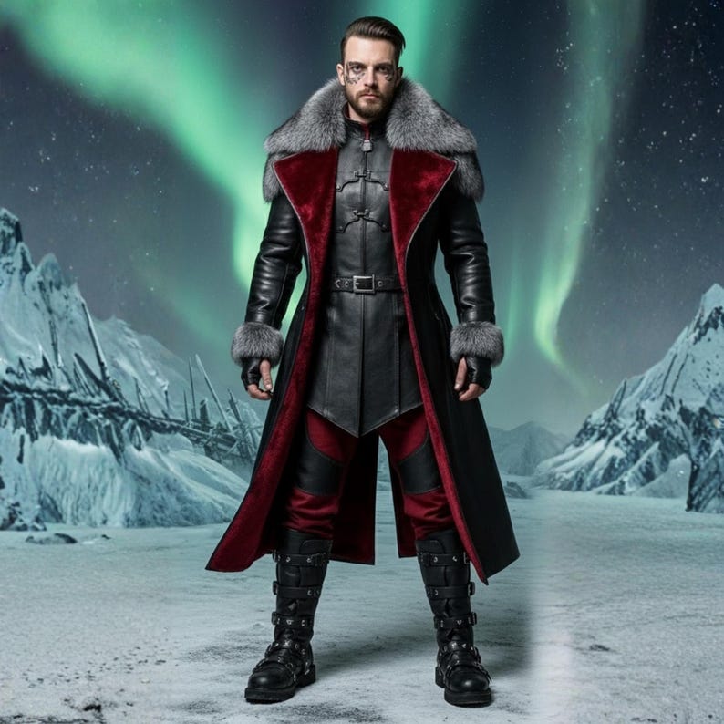 May include: A black leather coat with a red interior and fur trim on the collar and cuffs. The coat is worn over a black and red outfit, paired with black boots. The background features a snowy landscape and aurora borealis.