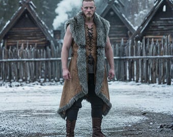 Handmade Cow Leather Medieval Fur Coat: Viking Warrior Costume