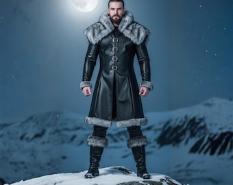 Handmade Black Leather Medieval Fur Coat: Medieval Viking Warrior Costume Men