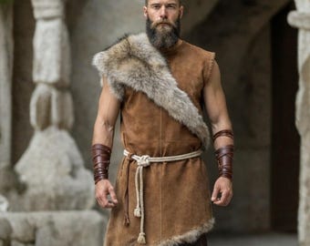 Handmade Leather Viking Tunic with Fur – LARP Barbarian Costume