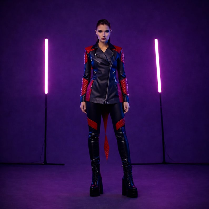 May include: A black and red leather jacket with matching pants and platform boots. The jacket has a quilted red shoulder and sleeve detail, with a diagonal zipper. The pants have red accents. The outfit is set against a purple background.