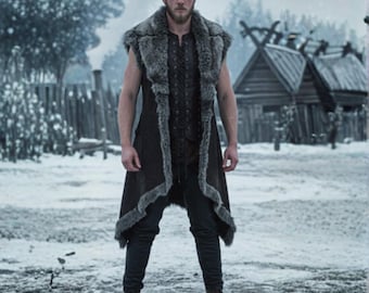 Handmade Medieval Wolf Fur Suede Leather Trench Coat: Viking Warrior Costume