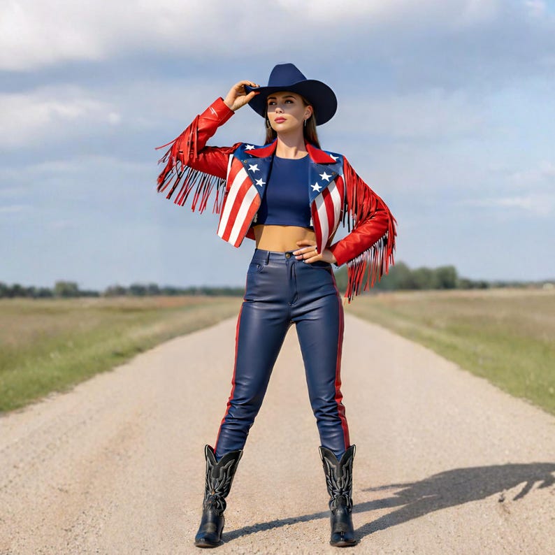 May include: A woman wearing a red, white, and blue fringed leather jacket, a navy blue crop top, and navy blue leather pants with red stripes. She is also wearing a navy blue cowboy hat and black cowboy boots. The outfit is worn on a dirt road.