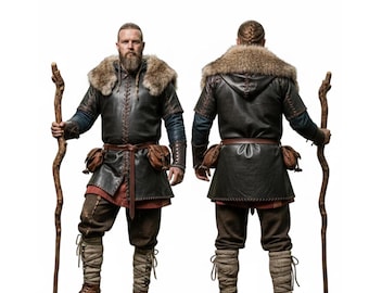 Handmade Viking Costume: Black Leather Tunic, Fur Cloak, Leather Bracers