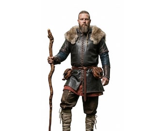 Handmade Viking Costume: Black Leather Tunic, Fur Cloak, Leather Bracers