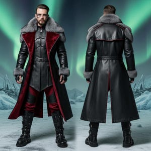 May include: A black leather coat with a fur collar and cuffs, red lining, and a belt. The coat is paired with black pants and boots. The image shows the front and back of the coat.