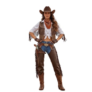 Puede incluir: Un sombrero de vaquero marrón, un chaleco con flecos y unos chaps forman parte de este atuendo de temática western. El conjunto incluye una camisa blanca, un pañuelo y una pistola en una funda. La modelo lleva vaqueros azules y botas marrones.