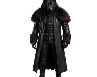 Handgefertigtes Leder Werwolf Kostüm - Pelz Trenchcoat - Halloween Wolf Maske Cosplay - Fantasy Pelz Outfit