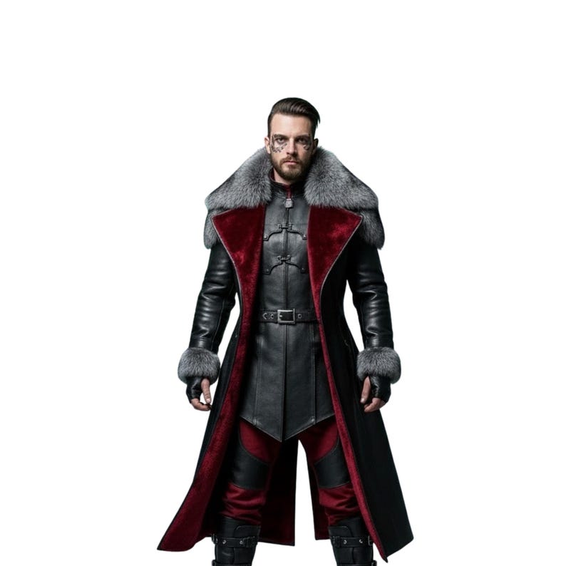 May include: A long black leather coat with a gray fur collar and cuffs, and a red interior. The coat features a belt at the waist and is worn over a black and red outfit. The overall style is reminiscent of a fantasy or gothic aesthetic.