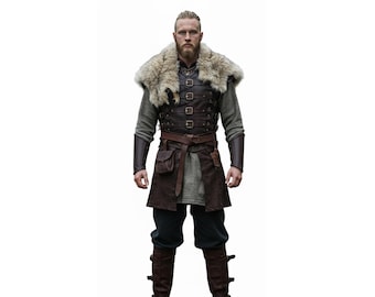 Handcrafted Viking Costume: Suede Tunic, Fur Cloak, Leather Bracers