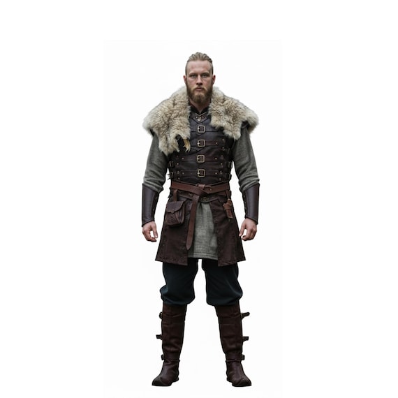 Handcrafted Viking Costume: Suede Tunic, Fur Cloak, Leather Bracers