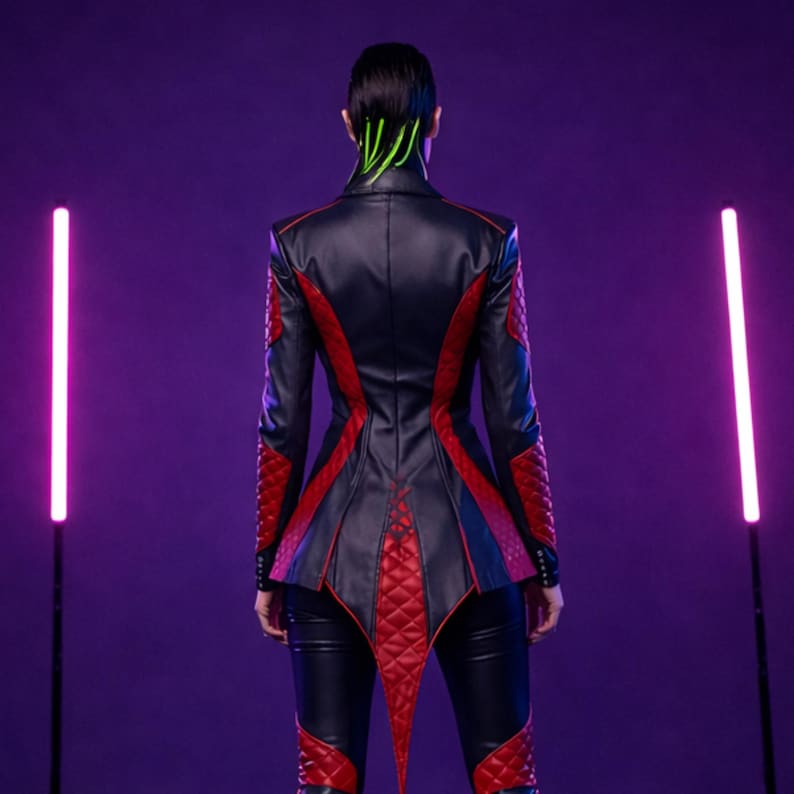 May include: Black and red leather jacket with diamond-patterned accents. The jacket features a pointed tail and red trim along the back and sleeves. The model is wearing black leather pants. The background is a gradient of purple.