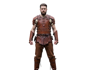 手作りの茶色の革製戦士の鎧セット：LARPコスプレ衣装