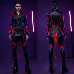 May include: A black and red leather jacket and matching pants set. The jacket features a quilted design on the shoulders and sleeves, with a diagonal zipper closure. The pants have red accents and a unique tail-like detail. The model is wearing black platform boots.