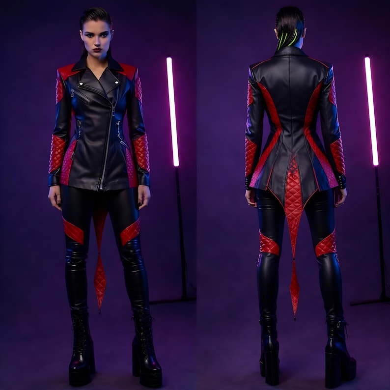 May include: A black and red leather jacket and matching pants set. The jacket features a quilted design on the shoulders and sleeves, with a diagonal zipper closure. The pants have red accents and a unique tail-like detail. The model is wearing black platform boots.