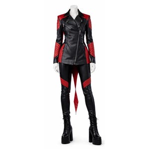 May include: A black and red leather jacket and pants set. The jacket has a diagonal zipper and red quilted accents on the shoulders and sleeves. The pants have red panels down the sides. The outfit is paired with black platform boots.
