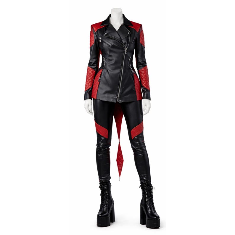 May include: A black and red leather jacket and pants set. The jacket has a diagonal zipper and red quilted accents on the shoulders and sleeves. The pants have red panels down the sides. The outfit is paired with black platform boots.