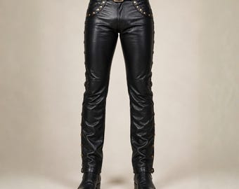 Men's Studded Sheep Leather Pants | Brass Stud Biker Trousers | Gothic Punk Rock Custom Fit Handmade Bottoms