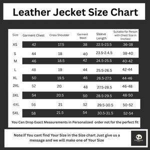 May include: A leather jacket size chart with measurements in inches. The chart includes sizes XS to 5XL, detailing garment chest, cross shoulder, waist, and sleeve length. It also indicates the chest size suitable for each size.