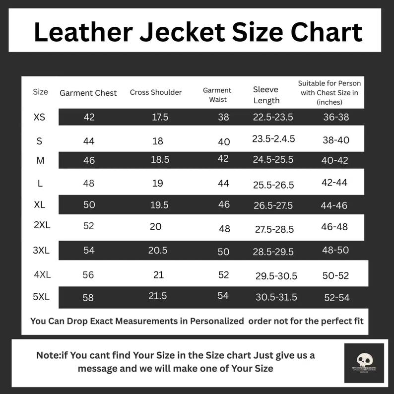 May include: A leather jacket size chart with measurements in inches. The chart includes sizes XS to 5XL, detailing garment chest, cross shoulder, waist, and sleeve length. It also indicates the chest size suitable for each size.