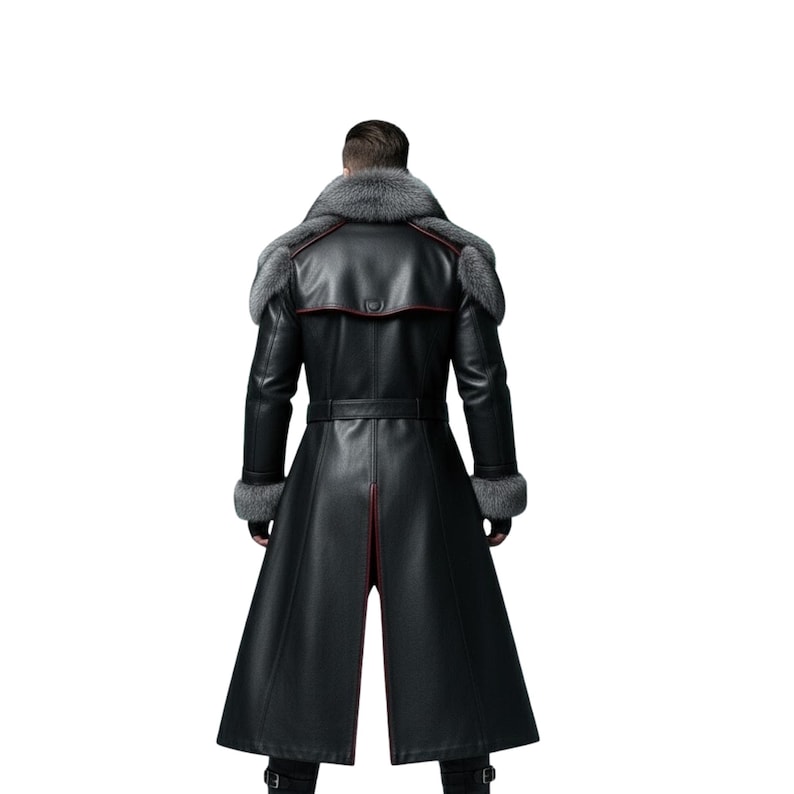 May include: A black leather coat with a fur collar and cuffs. The coat has a belt at the waist and red trim. The coat is long and reaches the ankles. The person is facing away from the camera.