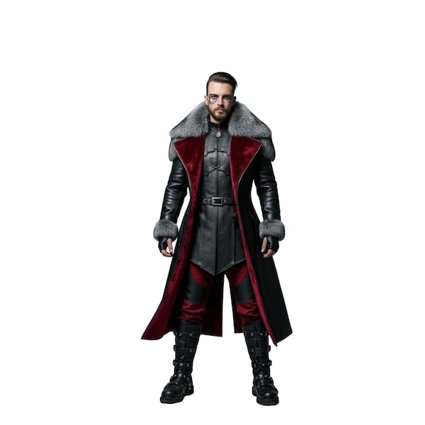 Könnte beinhalten: Ein schwarzer Ledermantel mit rotem Innenfutter und Pelzkragen. Der Mantel hat Pelzbündchen und einen Gürtel. Das Outfit umfasst eine schwarze Hose mit roten Akzenten und schwarze Stiefel. Der Stil ist eine Mischung aus Gothic und Modern.